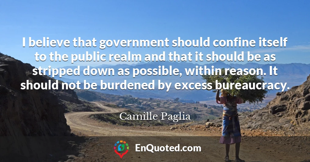 I believe that government should confine itself to the public realm and that it should be as stripped down as possible, within reason. It should not be burdened by excess bureaucracy.
