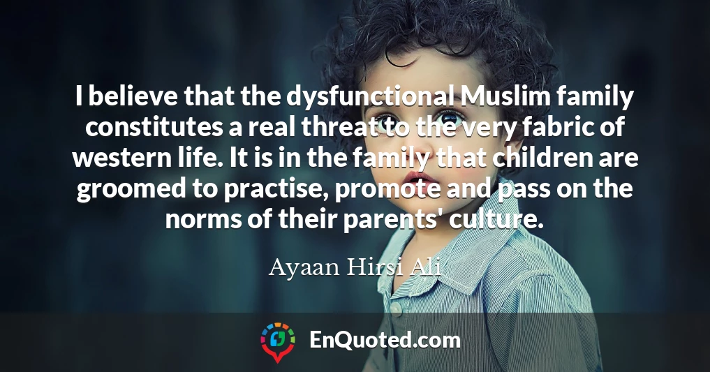 I believe that the dysfunctional Muslim family constitutes a real threat to the very fabric of western life. It is in the family that children are groomed to practise, promote and pass on the norms of their parents' culture.