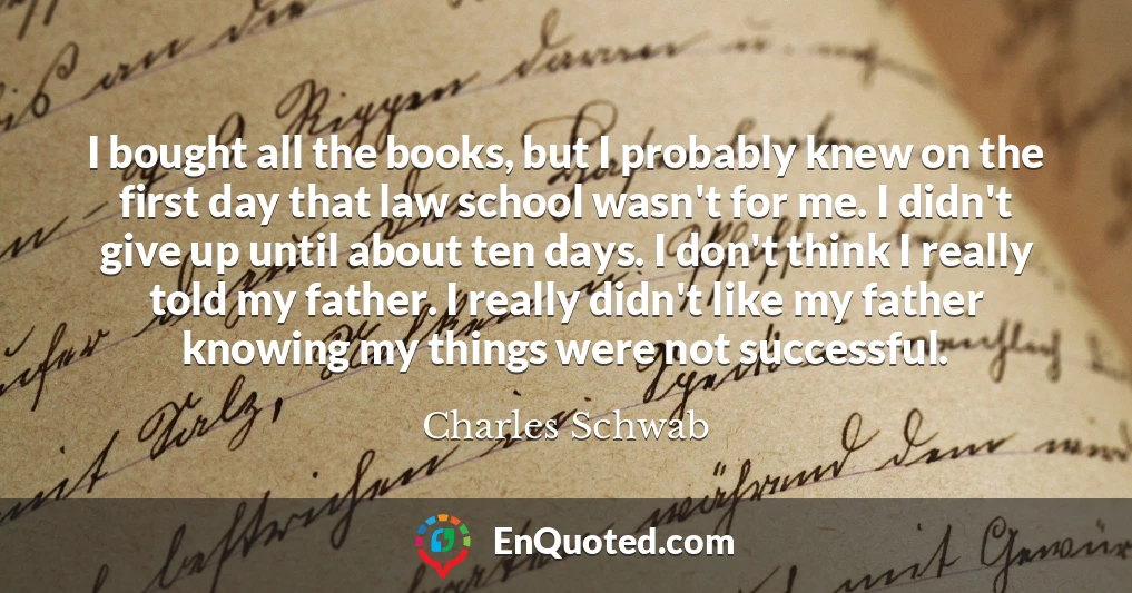 I bought all the books, but I probably knew on the first day that law school wasn't for me. I didn't give up until about ten days. I don't think I really told my father. I really didn't like my father knowing my things were not successful.