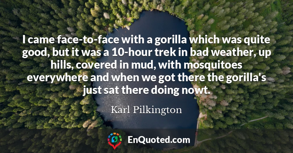 I came face-to-face with a gorilla which was quite good, but it was a 10-hour trek in bad weather, up hills, covered in mud, with mosquitoes everywhere and when we got there the gorilla's just sat there doing nowt.