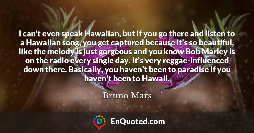 I can't even speak Hawaiian, but if you go there and listen to a Hawaiian song, you get captured because it's so beautiful, like the melody is just gorgeous and you know Bob Marley is on the radio every single day. It's very reggae-influenced down there. Basically, you haven't been to paradise if you haven't been to Hawaii.