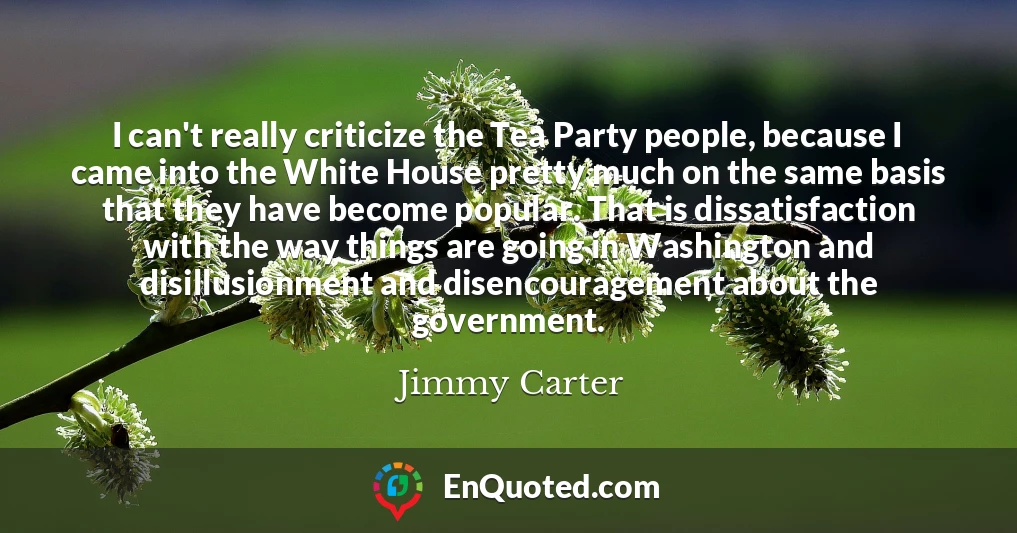 I can't really criticize the Tea Party people, because I came into the White House pretty much on the same basis that they have become popular. That is dissatisfaction with the way things are going in Washington and disillusionment and disencouragement about the government.