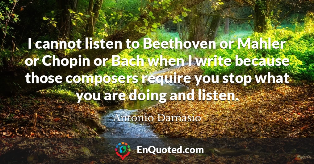 I cannot listen to Beethoven or Mahler or Chopin or Bach when I write because those composers require you stop what you are doing and listen.