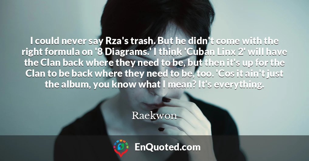 I could never say Rza's trash. But he didn't come with the right formula on '8 Diagrams.' I think 'Cuban Linx 2' will have the Clan back where they need to be, but then it's up for the Clan to be back where they need to be, too. 'Cos it ain't just the album, you know what I mean? It's everything.