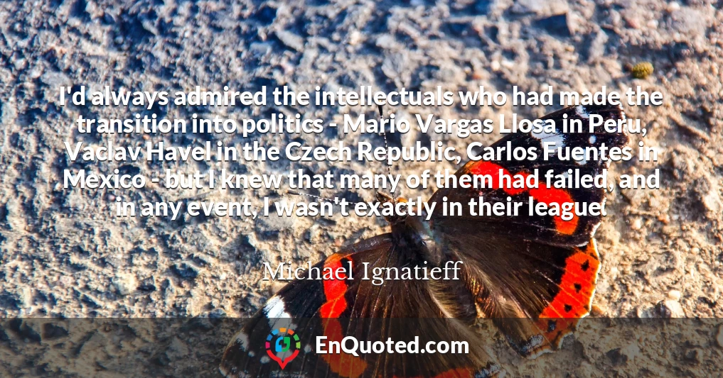 I'd always admired the intellectuals who had made the transition into politics - Mario Vargas Llosa in Peru, Vaclav Havel in the Czech Republic, Carlos Fuentes in Mexico - but I knew that many of them had failed, and in any event, I wasn't exactly in their league.