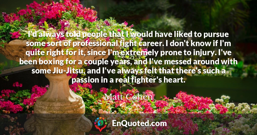 I'd always told people that I would have liked to pursue some sort of professional fight career. I don't know if I'm quite right for it, since I'm extremely prone to injury. I've been boxing for a couple years, and I've messed around with some Jiu-Jitsu, and I've always felt that there's such a passion in a real fighter's heart.