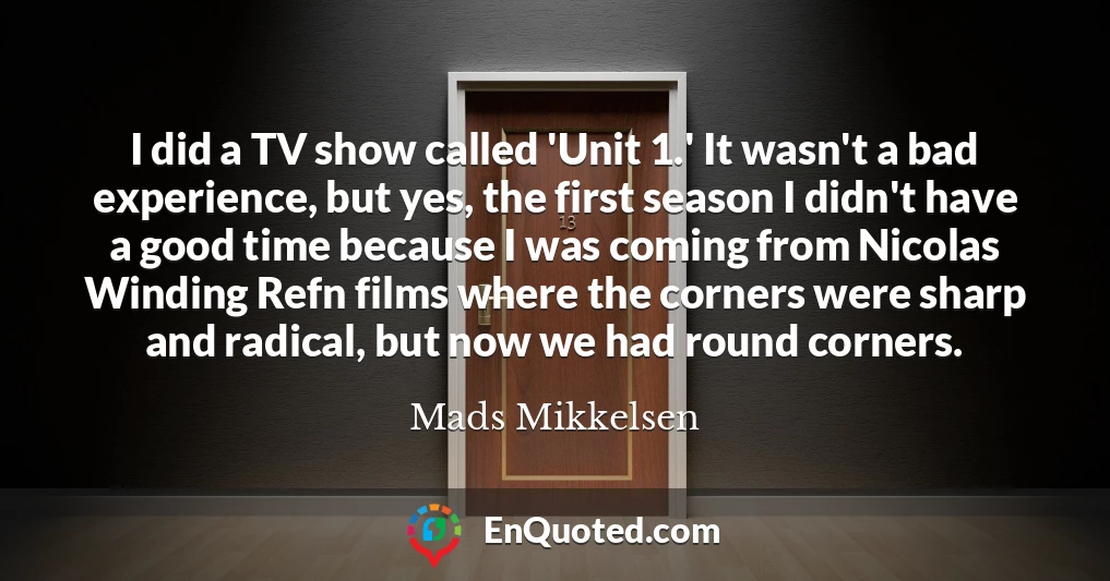 I did a TV show called 'Unit 1.' It wasn't a bad experience, but yes, the first season I didn't have a good time because I was coming from Nicolas Winding Refn films where the corners were sharp and radical, but now we had round corners.