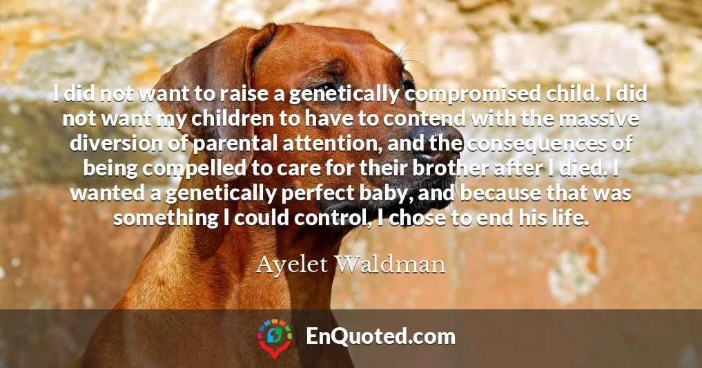 I did not want to raise a genetically compromised child. I did not want my children to have to contend with the massive diversion of parental attention, and the consequences of being compelled to care for their brother after I died. I wanted a genetically perfect baby, and because that was something I could control, I chose to end his life.