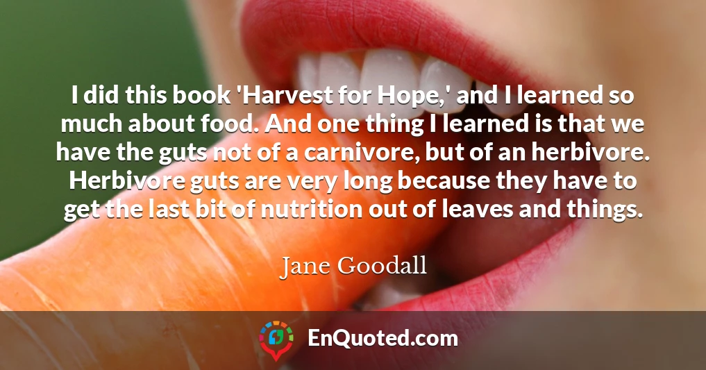 I did this book 'Harvest for Hope,' and I learned so much about food. And one thing I learned is that we have the guts not of a carnivore, but of an herbivore. Herbivore guts are very long because they have to get the last bit of nutrition out of leaves and things.