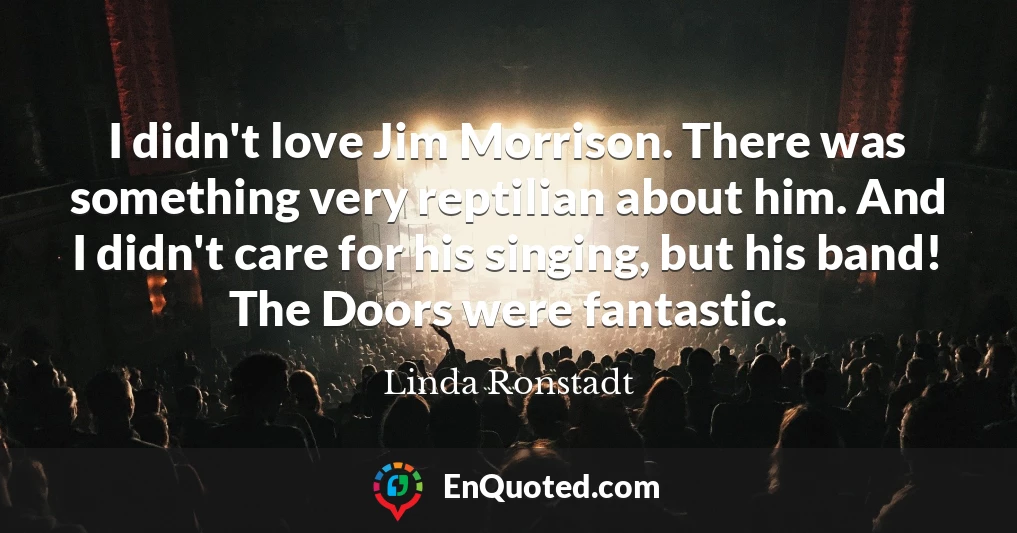 I didn't love Jim Morrison. There was something very reptilian about him. And I didn't care for his singing, but his band! The Doors were fantastic.