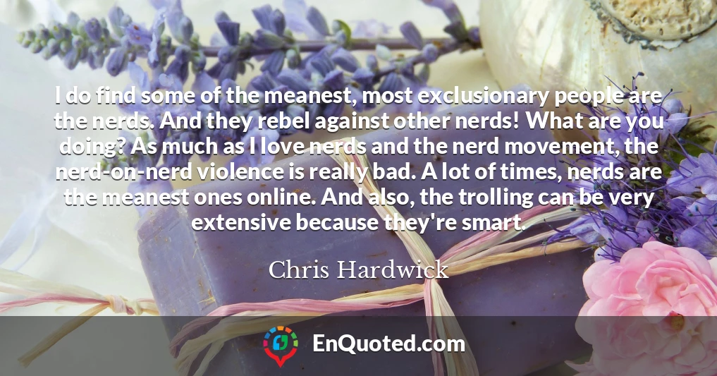 I do find some of the meanest, most exclusionary people are the nerds. And they rebel against other nerds! What are you doing? As much as I love nerds and the nerd movement, the nerd-on-nerd violence is really bad. A lot of times, nerds are the meanest ones online. And also, the trolling can be very extensive because they're smart.