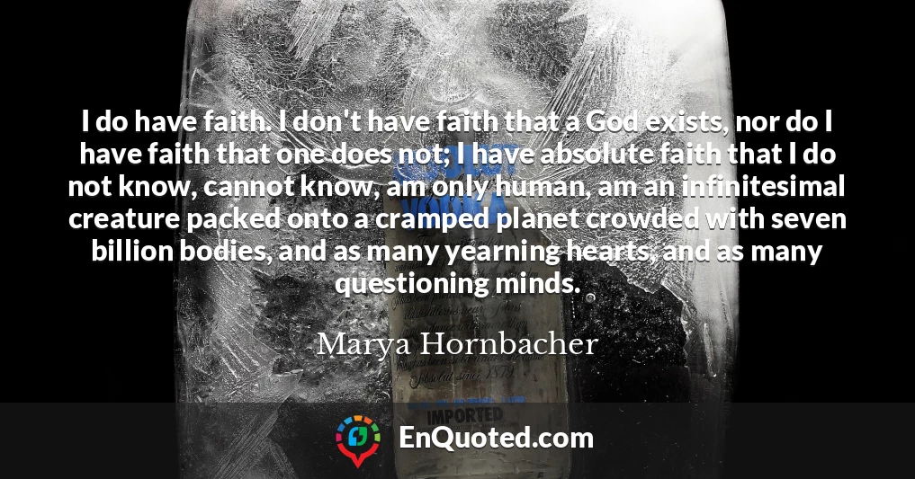 I do have faith. I don't have faith that a God exists, nor do I have faith that one does not; I have absolute faith that I do not know, cannot know, am only human, am an infinitesimal creature packed onto a cramped planet crowded with seven billion bodies, and as many yearning hearts, and as many questioning minds.