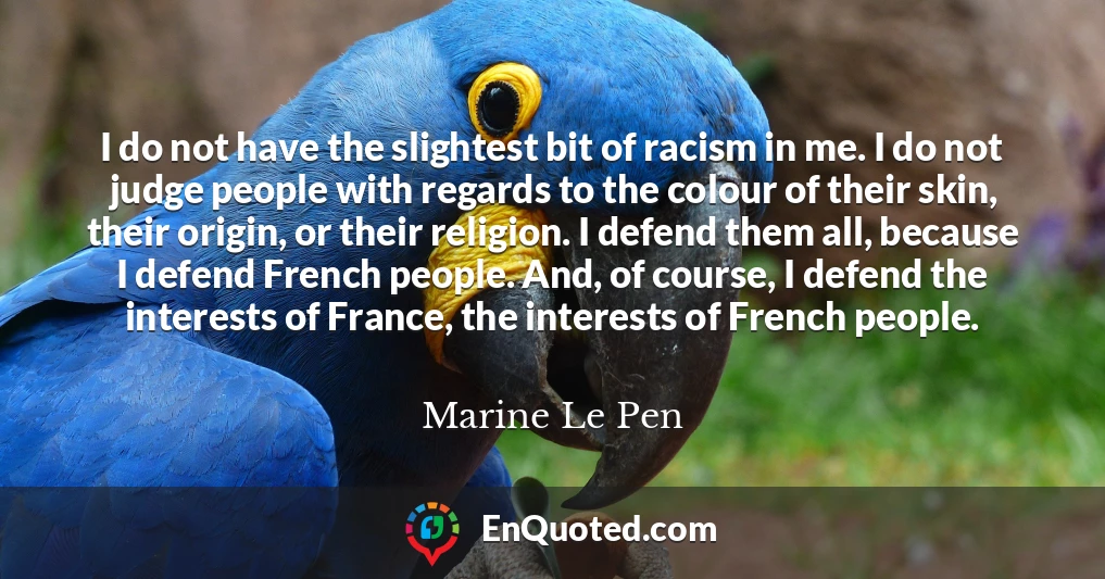 I do not have the slightest bit of racism in me. I do not judge people with regards to the colour of their skin, their origin, or their religion. I defend them all, because I defend French people. And, of course, I defend the interests of France, the interests of French people.