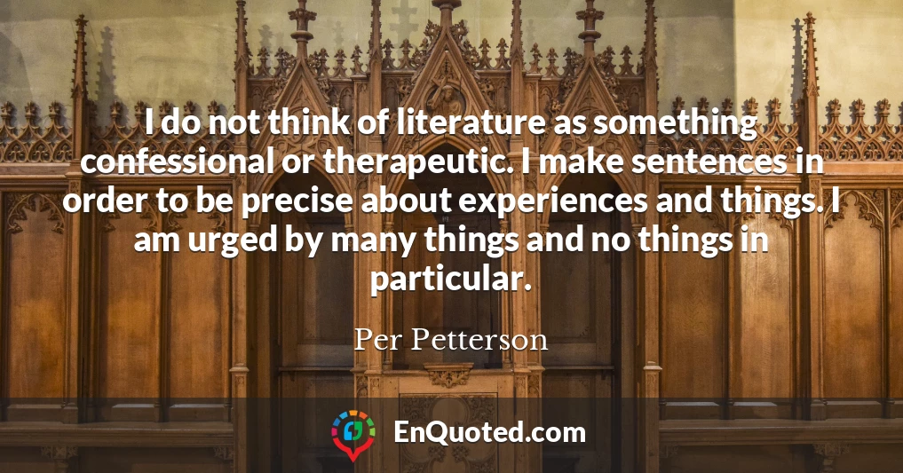 I do not think of literature as something confessional or therapeutic. I make sentences in order to be precise about experiences and things. I am urged by many things and no things in particular.
