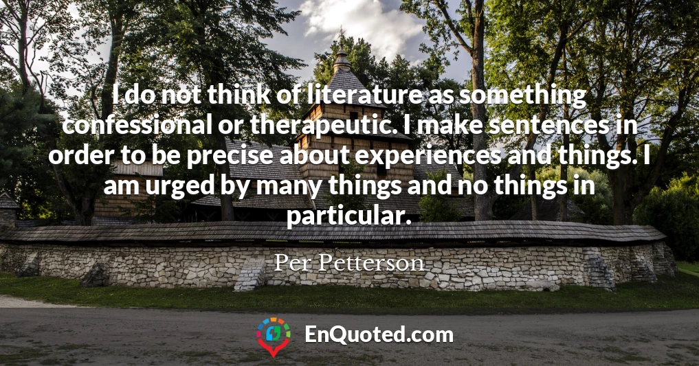 I do not think of literature as something confessional or therapeutic. I make sentences in order to be precise about experiences and things. I am urged by many things and no things in particular.