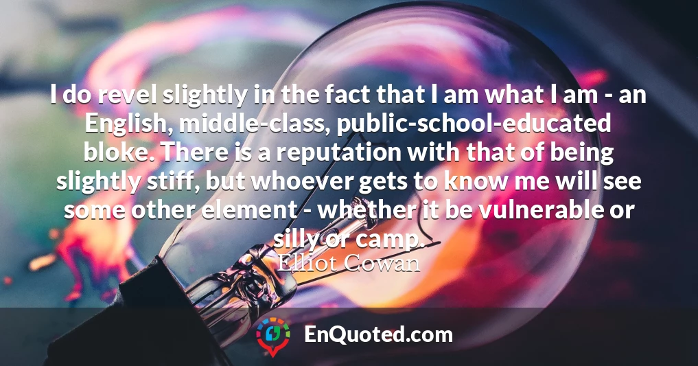 I do revel slightly in the fact that I am what I am - an English, middle-class, public-school-educated bloke. There is a reputation with that of being slightly stiff, but whoever gets to know me will see some other element - whether it be vulnerable or silly or camp.