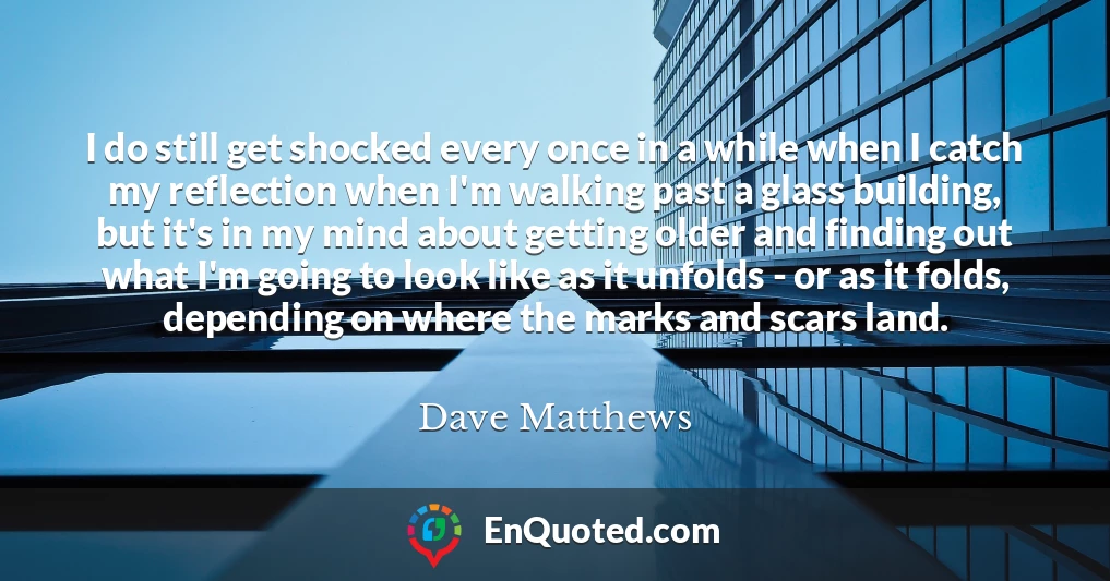 I do still get shocked every once in a while when I catch my reflection when I'm walking past a glass building, but it's in my mind about getting older and finding out what I'm going to look like as it unfolds - or as it folds, depending on where the marks and scars land.