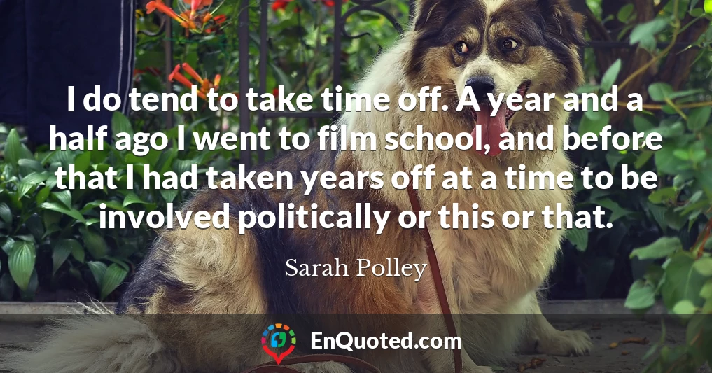I do tend to take time off. A year and a half ago I went to film school, and before that I had taken years off at a time to be involved politically or this or that.