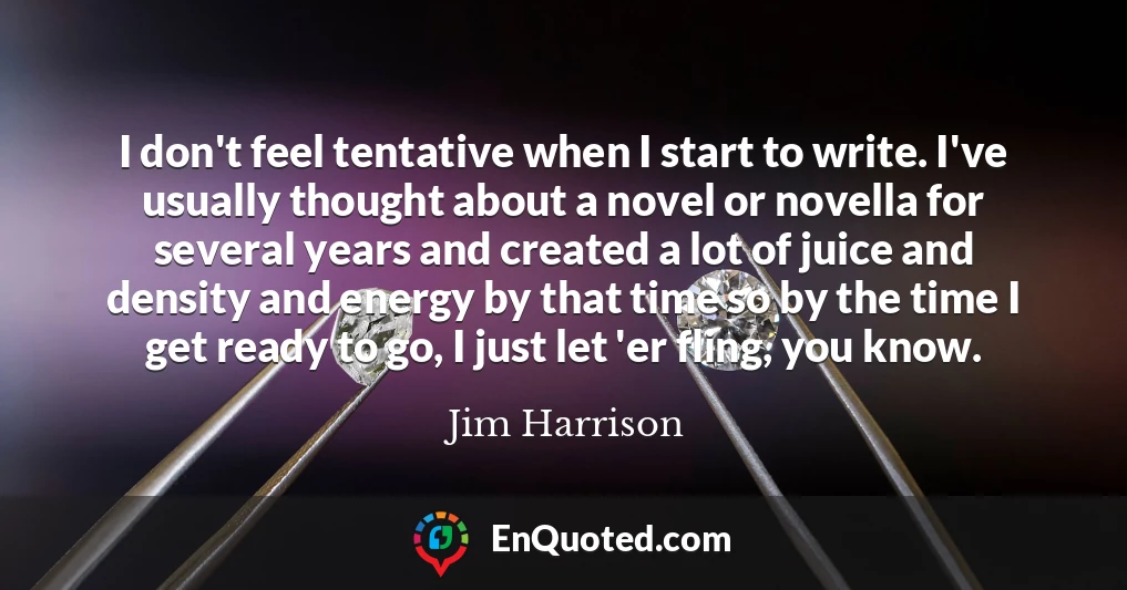 I don't feel tentative when I start to write. I've usually thought about a novel or novella for several years and created a lot of juice and density and energy by that time so by the time I get ready to go, I just let 'er fling, you know.