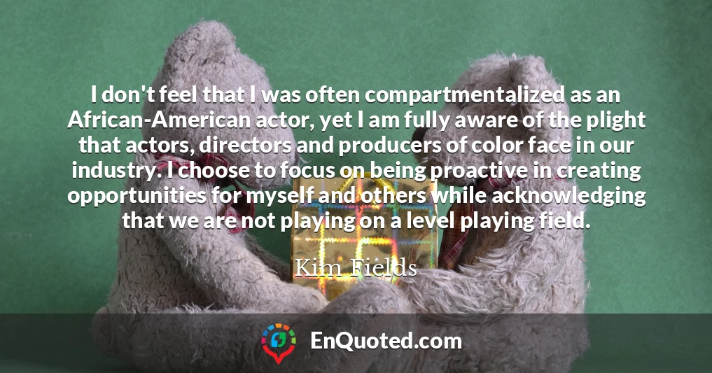 I don't feel that I was often compartmentalized as an African-American actor, yet I am fully aware of the plight that actors, directors and producers of color face in our industry. I choose to focus on being proactive in creating opportunities for myself and others while acknowledging that we are not playing on a level playing field.