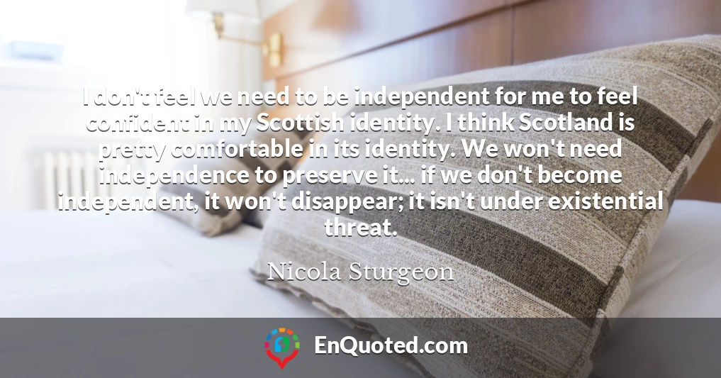 I don't feel we need to be independent for me to feel confident in my Scottish identity. I think Scotland is pretty comfortable in its identity. We won't need independence to preserve it... if we don't become independent, it won't disappear; it isn't under existential threat.