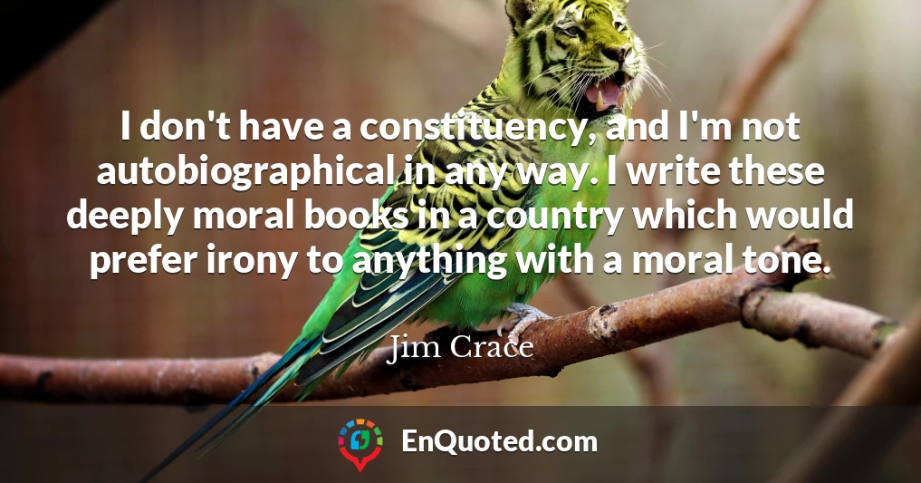 I don't have a constituency, and I'm not autobiographical in any way. I write these deeply moral books in a country which would prefer irony to anything with a moral tone.