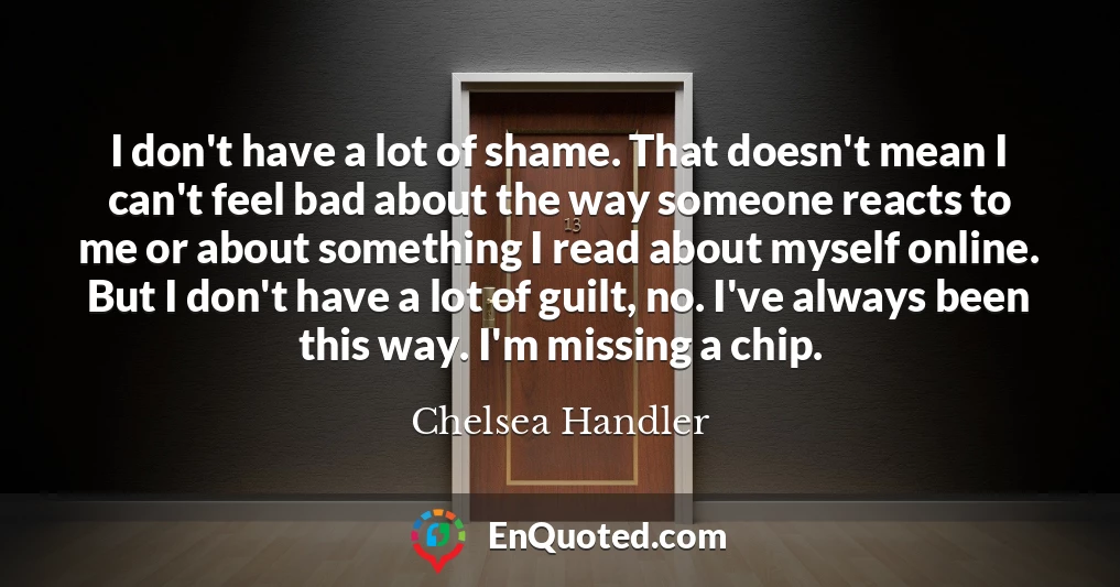 I don't have a lot of shame. That doesn't mean I can't feel bad about the way someone reacts to me or about something I read about myself online. But I don't have a lot of guilt, no. I've always been this way. I'm missing a chip.