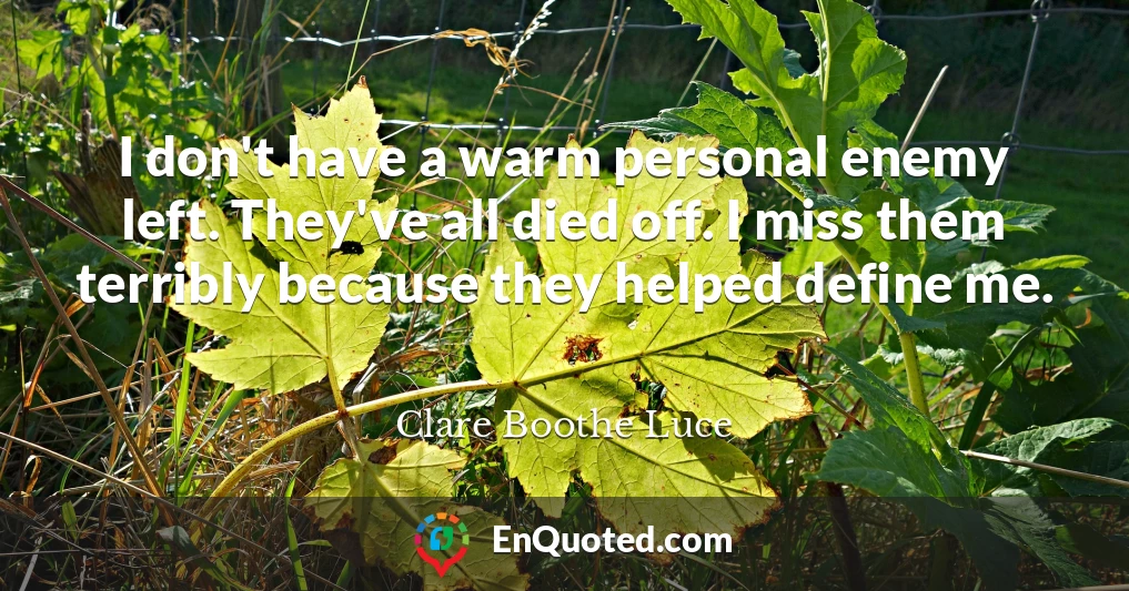 I don't have a warm personal enemy left. They've all died off. I miss them terribly because they helped define me.