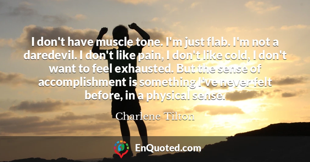 I don't have muscle tone. I'm just flab. I'm not a daredevil. I don't like pain, I don't like cold, I don't want to feel exhausted. But the sense of accomplishment is something I've never felt before, in a physical sense.
