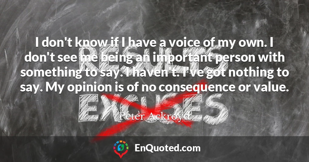 I don't know if I have a voice of my own. I don't see me being an important person with something to say. I haven't. I've got nothing to say. My opinion is of no consequence or value.