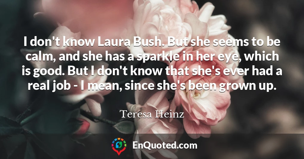 I don't know Laura Bush. But she seems to be calm, and she has a sparkle in her eye, which is good. But I don't know that she's ever had a real job - I mean, since she's been grown up.