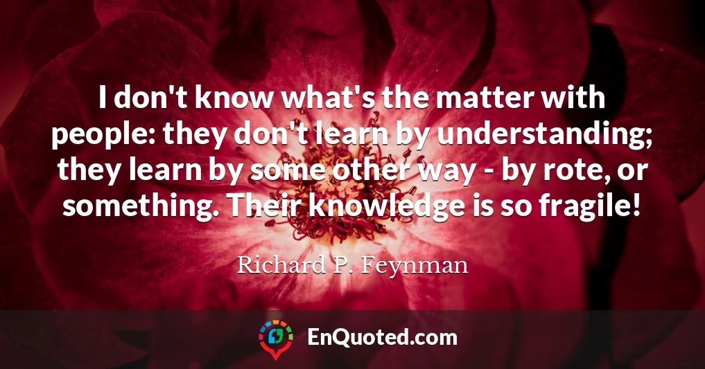I don't know what's the matter with people: they don't learn by understanding; they learn by some other way - by rote, or something. Their knowledge is so fragile!