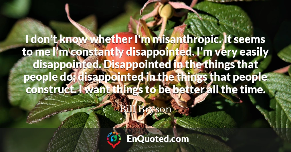I don't know whether I'm misanthropic. It seems to me I'm constantly disappointed. I'm very easily disappointed. Disappointed in the things that people do; disappointed in the things that people construct. I want things to be better all the time.