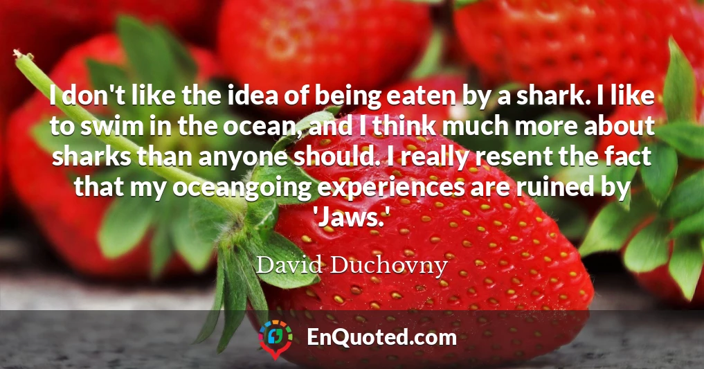 I don't like the idea of being eaten by a shark. I like to swim in the ocean, and I think much more about sharks than anyone should. I really resent the fact that my oceangoing experiences are ruined by 'Jaws.'