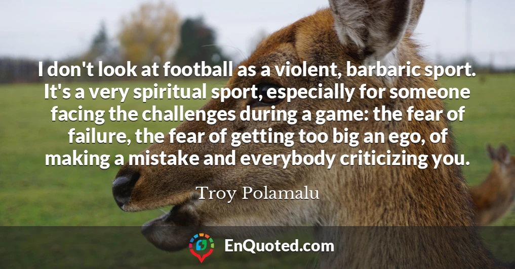 I don't look at football as a violent, barbaric sport. It's a very spiritual sport, especially for someone facing the challenges during a game: the fear of failure, the fear of getting too big an ego, of making a mistake and everybody criticizing you.