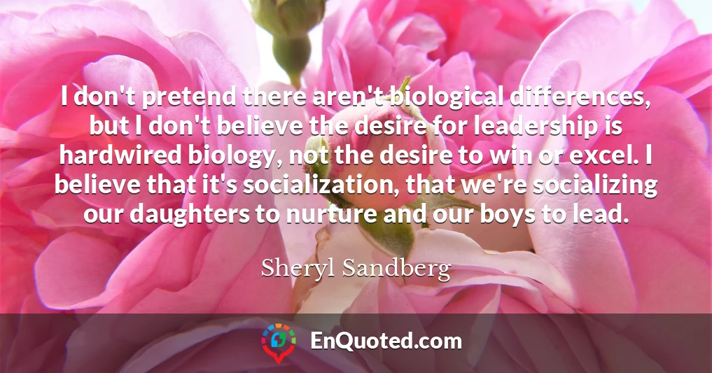 I don't pretend there aren't biological differences, but I don't believe the desire for leadership is hardwired biology, not the desire to win or excel. I believe that it's socialization, that we're socializing our daughters to nurture and our boys to lead.