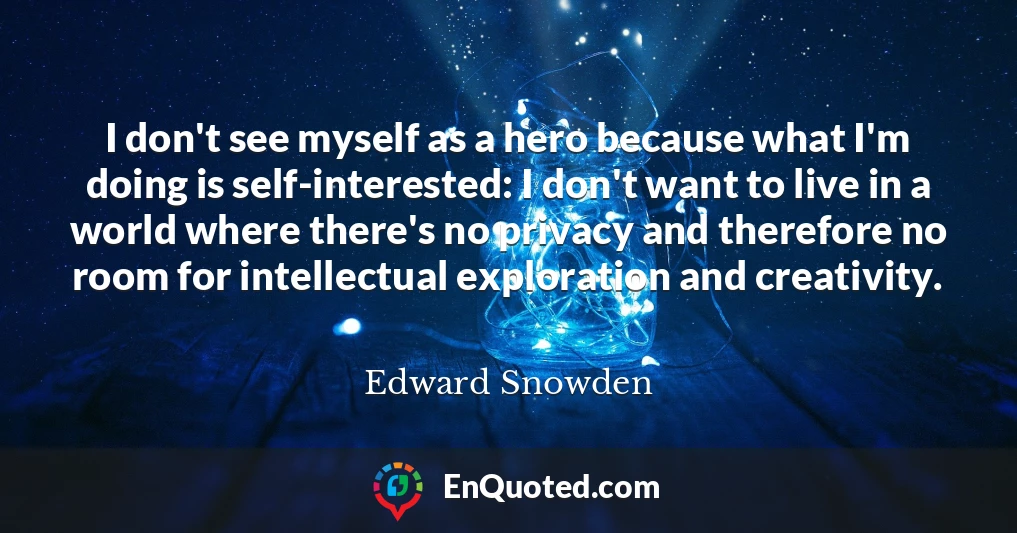 I don't see myself as a hero because what I'm doing is self-interested: I don't want to live in a world where there's no privacy and therefore no room for intellectual exploration and creativity.