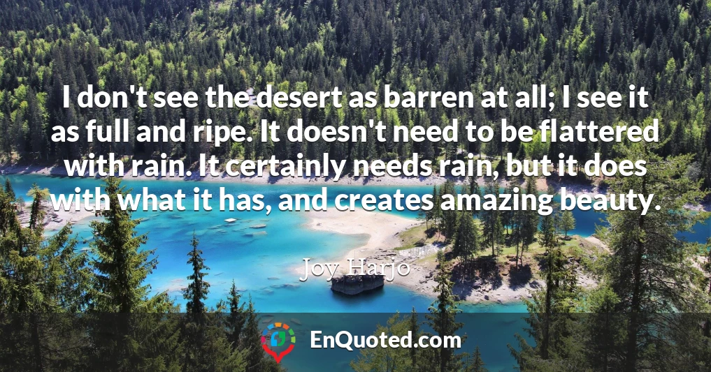 I don't see the desert as barren at all; I see it as full and ripe. It doesn't need to be flattered with rain. It certainly needs rain, but it does with what it has, and creates amazing beauty.