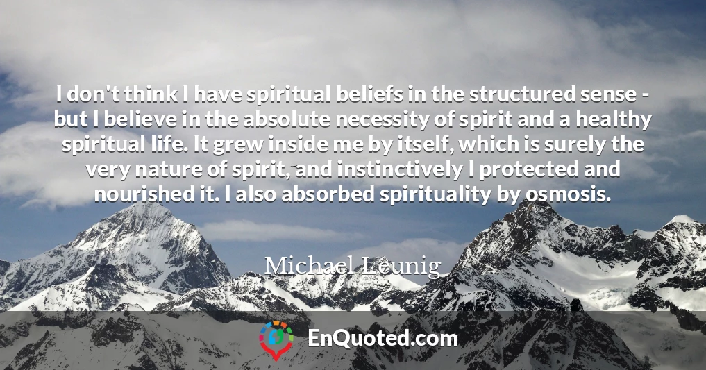 I don't think I have spiritual beliefs in the structured sense - but I believe in the absolute necessity of spirit and a healthy spiritual life. It grew inside me by itself, which is surely the very nature of spirit, and instinctively I protected and nourished it. I also absorbed spirituality by osmosis.