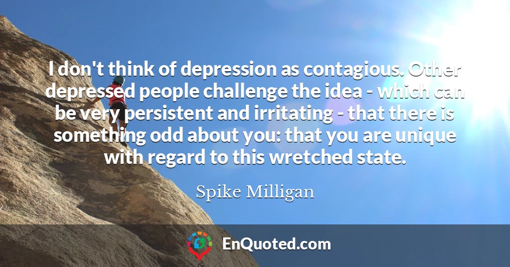 I don't think of depression as contagious. Other depressed people challenge the idea - which can be very persistent and irritating - that there is something odd about you: that you are unique with regard to this wretched state.