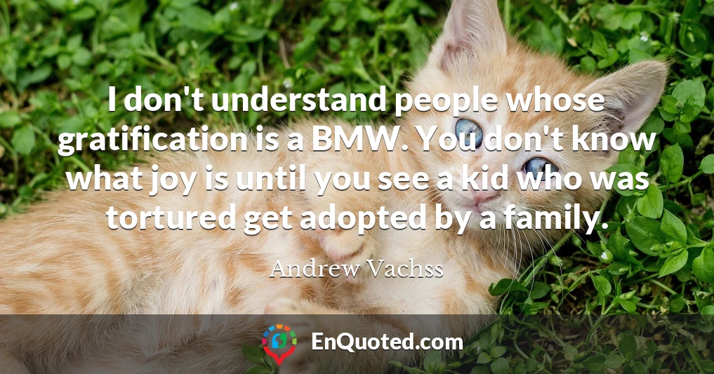 I don't understand people whose gratification is a BMW. You don't know what joy is until you see a kid who was tortured get adopted by a family.