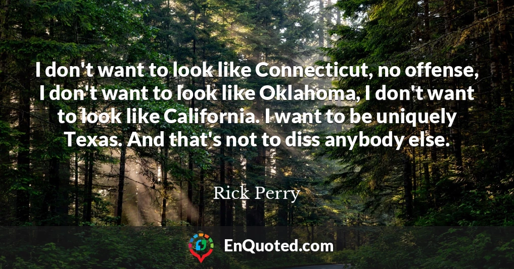 I don't want to look like Connecticut, no offense, I don't want to look like Oklahoma, I don't want to look like California. I want to be uniquely Texas. And that's not to diss anybody else.