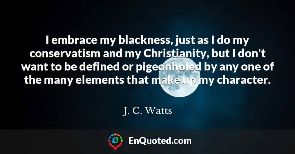 I embrace my blackness, just as I do my conservatism and my Christianity, but I don't want to be defined or pigeonholed by any one of the many elements that make up my character.
