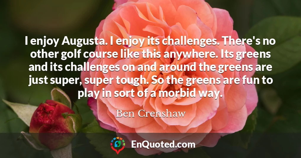 I enjoy Augusta. I enjoy its challenges. There's no other golf course like this anywhere. Its greens and its challenges on and around the greens are just super, super tough. So the greens are fun to play in sort of a morbid way.