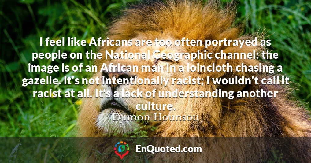 I feel like Africans are too often portrayed as people on the National Geographic channel: the image is of an African man in a loincloth chasing a gazelle. It's not intentionally racist; I wouldn't call it racist at all. It's a lack of understanding another culture.