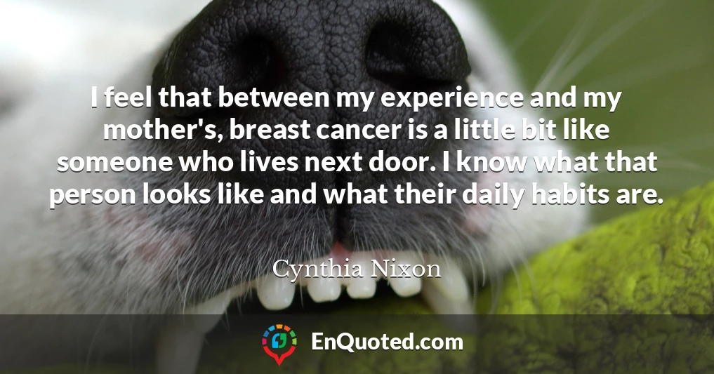 I feel that between my experience and my mother's, breast cancer is a little bit like someone who lives next door. I know what that person looks like and what their daily habits are.