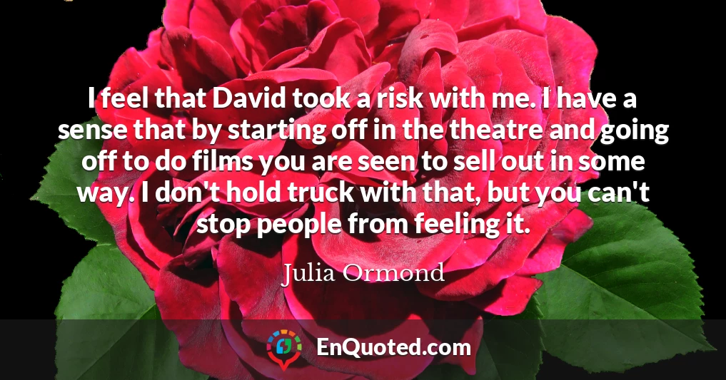 I feel that David took a risk with me. I have a sense that by starting off in the theatre and going off to do films you are seen to sell out in some way. I don't hold truck with that, but you can't stop people from feeling it.