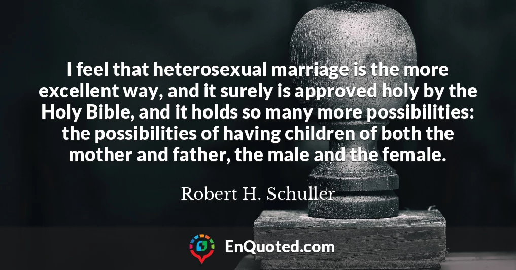 I feel that heterosexual marriage is the more excellent way, and it surely is approved holy by the Holy Bible, and it holds so many more possibilities: the possibilities of having children of both the mother and father, the male and the female.