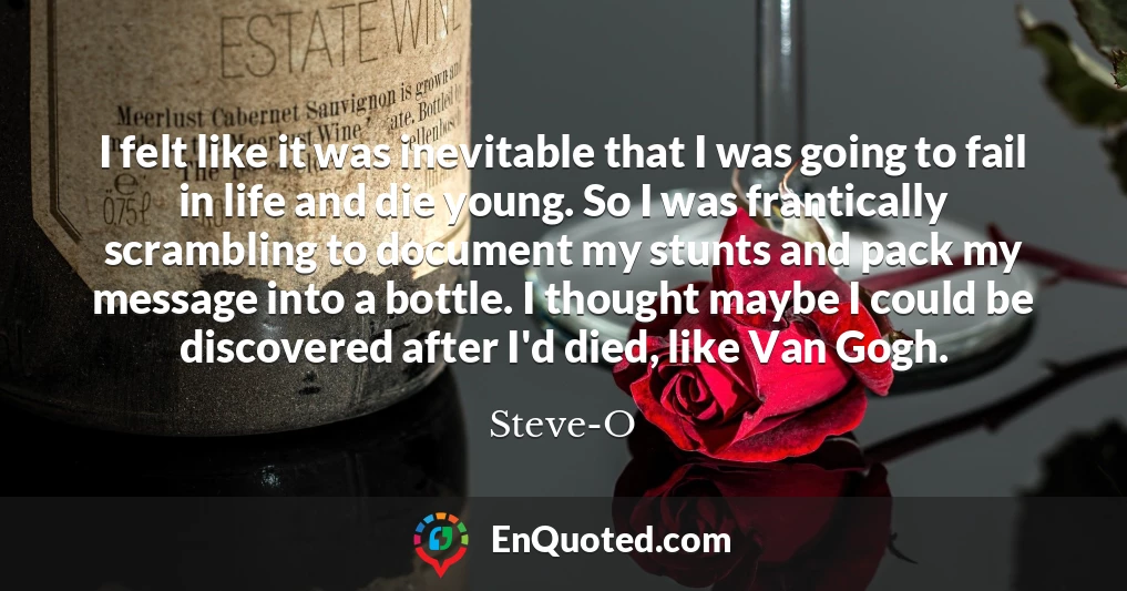 I felt like it was inevitable that I was going to fail in life and die young. So I was frantically scrambling to document my stunts and pack my message into a bottle. I thought maybe I could be discovered after I'd died, like Van Gogh.