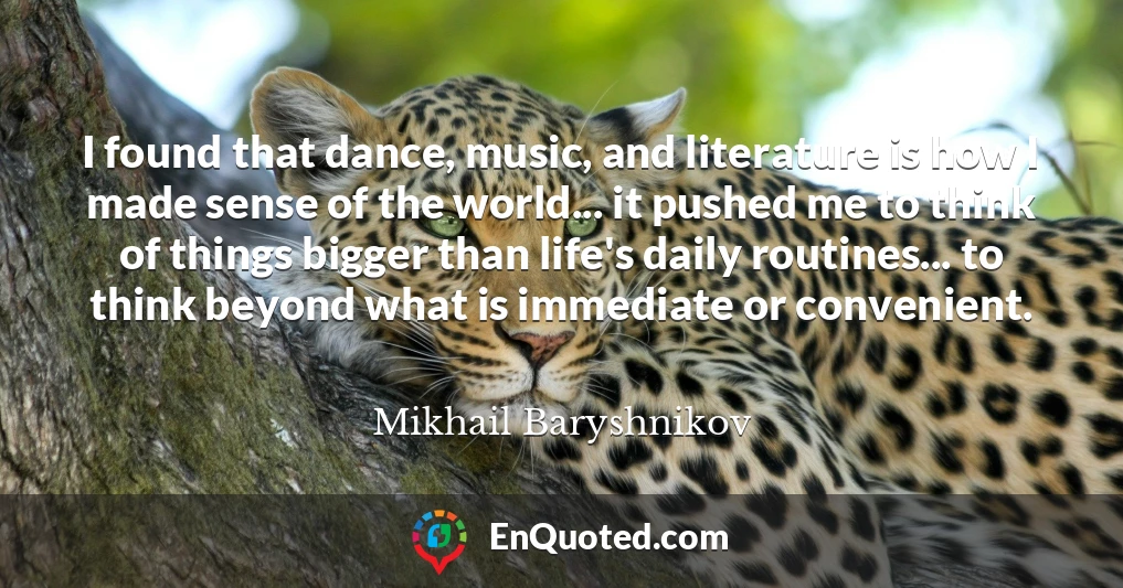 I found that dance, music, and literature is how I made sense of the world... it pushed me to think of things bigger than life's daily routines... to think beyond what is immediate or convenient.